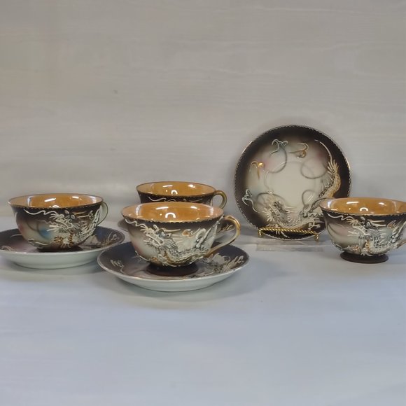 Vintage Occupied Japan Dragonware Tea Cups Saucer Set (4) Moriage Orange Luster - Picture 1 of 12